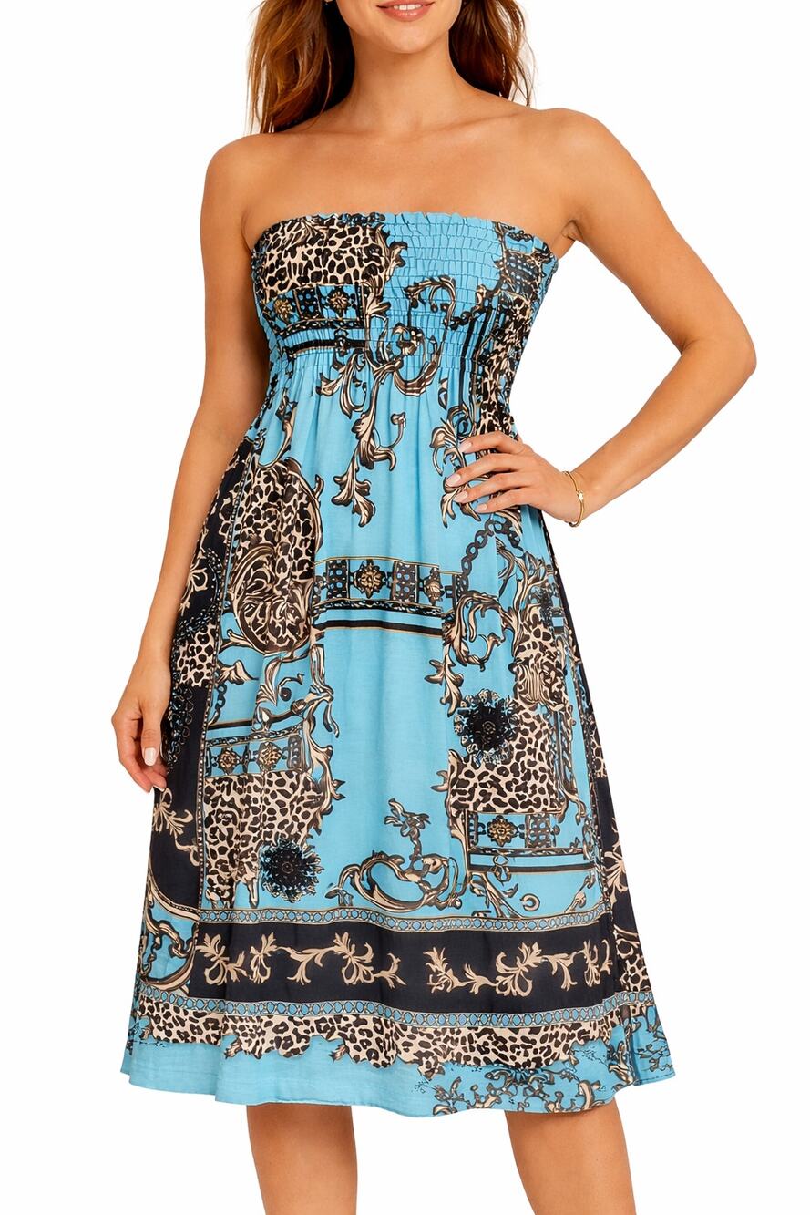 Caren Sport Blue Scroll Print Smocked Strapless Midi Dress Women’s Flexible Fit